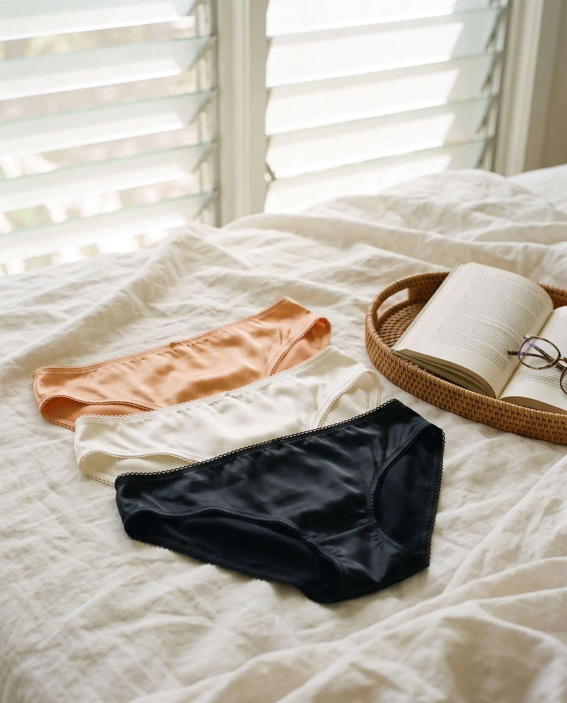 OluSilk Silk Essentials Set, three pairs on a bed